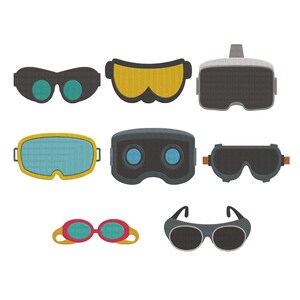 May include: A collection of various VR and augmented reality goggles and glasses in a flat, cartoon style. The designs include a range of colors, shapes, and styles, including goggles with yellow and blue lenses.