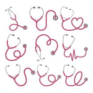 May include: Nine stylized illustrations of stethoscopes in various shapes and designs. The stethoscopes are primarily pink with gray and black accents. One design is shaped like a heart, and another resembles a heartbeat.