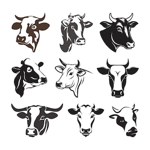 May include: Nine monochrome illustrations of cow heads. The designs vary, showing different angles and styles, including detailed linework and solid silhouettes. The collection features various horn shapes and facial expressions.