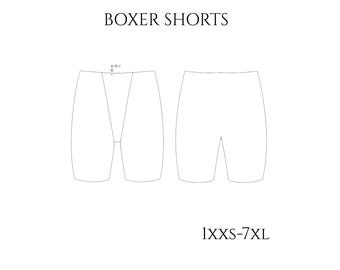 May include: A black and white line drawing of boxer shorts showing front and back views. The text BOXER SHORTS is centered at the top, and the text 1XXS-7XL is positioned at the bottom right. The illustration features simple outlines.