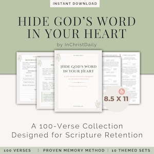 Puede incluir: Colección de tarjetas de versículos imprimibles con el texto "HIDE GOD'S WORD IN YOUR HEART" y "A 100-Verse Collection Designed for Scripture Retention." Las tarjetas miden aproximadamente 21,6 x 27,9 cm y presentan conjuntos temáticos.