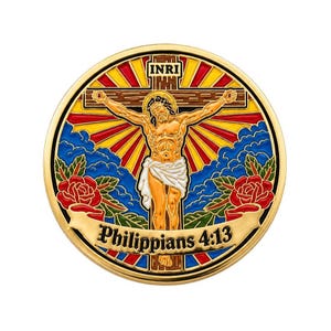 Può includere: Una moneta circolare in metallo dorato con una rappresentazione in smalto colorato della crocifissione di Gesù su una croce con il testo INRI in alto. Sotto la figura ci sono due rose rosse e un nastro con il testo nero Philippians 4:13.