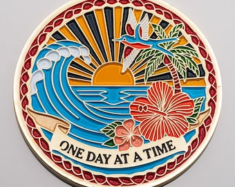 Floración del Océano - Moneda de Sobriedad - Medallón de Esmalte con Oración de Serenidad