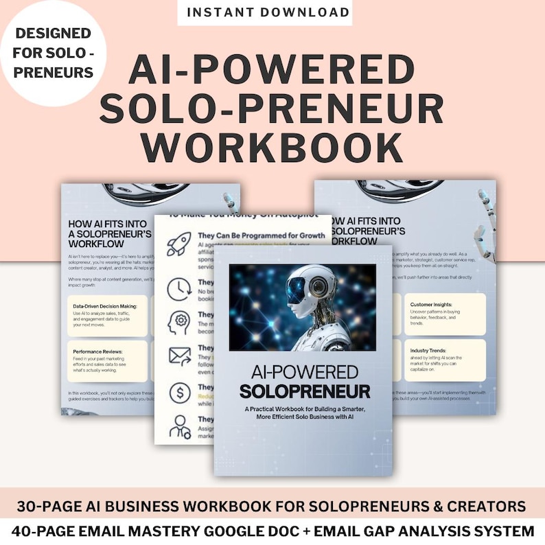 AI Solopreneur Workbook Digital Business Planner for Entrepreneur AI Strategy Guide Productivity Automation Template Online Business Startup image 1