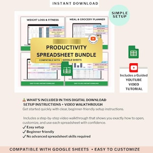 Pode incluir: Pacote de folhas de cálculo de produtividade para download, compatível com Google Sheets. Inclui modelos para perda de peso, fitness e planeamento de refeições. Apresenta um tutorial em vídeo do YouTube e configuração fácil.