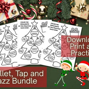 May include: Black and white printable dance activity sheets with Christmas tree designs. The sheets feature ballet, tap, and jazz steps. Text on the image says "Ballet, Tap and Jazz Bundle" and "Download, Print and Practice."