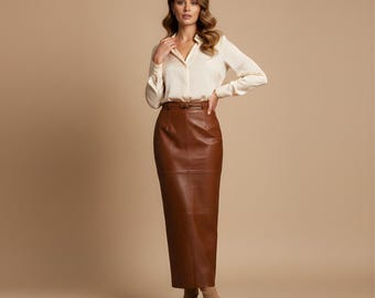 Brown High-Waist Leather Maxi Skirt | Genuine Pencil Skirt Women | Slim Fit Handmade Skirt