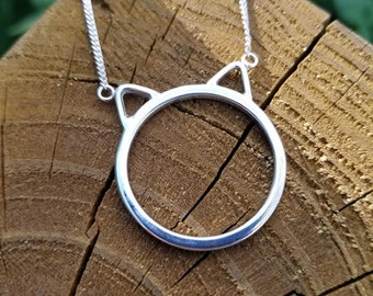 Handmade Sterling Silver Cat/ Kitten/ Kitty Pendant with 18" Silver Curb Chain