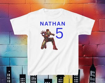 Personalized Youth Iron Man Birthday Shirt | Custom Name & Age Superhero Tee | Birthday Hero Toddler T-Shirt