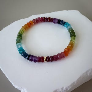 May include: A colorful beaded bracelet featuring a spectrum of gemstones. The bracelet showcases a rainbow of colors, including red, orange, yellow, green, blue, and purple. A small gold bead is interspersed within the design. The bracelet is displayed on a white surface.
