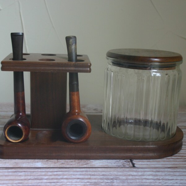 Vintage Wooden Pipe Holder and Glass Tobacco Humidor by Decatur Industries