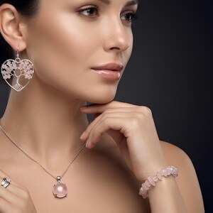 Personalized Rose Quartz Jewelry Set – Tree of Life Earrings, Necklace, Bracelet (Custom Note)