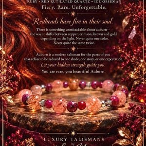 May include: A beaded bracelet featuring round ruby, red rutilated quartz, and ice obsidian gemstones. The image includes text: AUBURN, RUBY, RED RUTILATED QUARTZ, ICE OBSIDIAN, Fiery. Rare. Unforgettable. Redheads have fire in their soul. LUXURY TALISMANS by Lunar Muse.