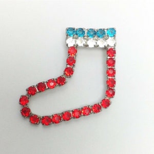 Vintage Christmas Stocking Brooch Holiday Red Gold Blue Pin Rhinestone Jeweled Vtg Holiday