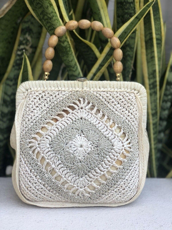 Vintage Beige Natural Crochet Lace Bag Purse Handb