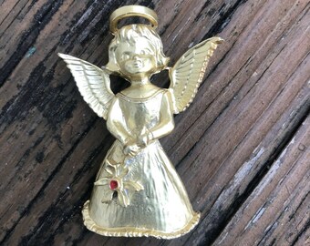 Vintage Christmas Angel Gold Brooch Halo Red Enamel Holly Holiday Metal Pin Vtg Jewelry