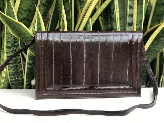 Vintage Brown Leather Eel Snakeskin Purse Envelop… - image 1