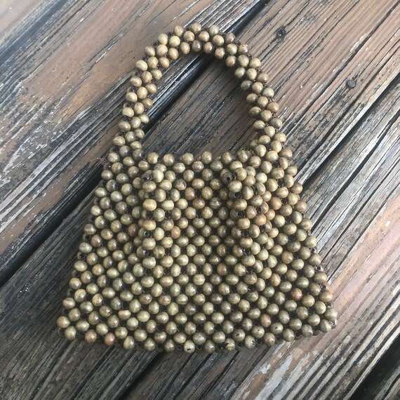 Vintage Dayne Taylor Brown Wood Beaded Woven Purse