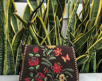 Vintage Floral Embroidery Purse Messenger Bag Handbag Brown Red Green Purple Pink Butterfly 90s Vtg 1990s
