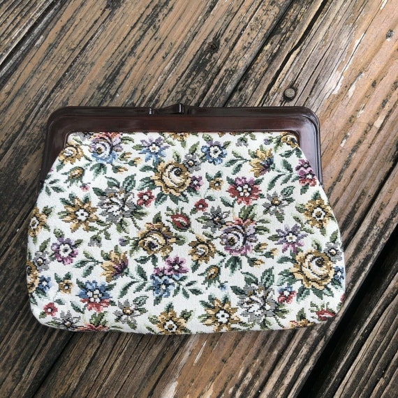 Vintage Cream Floral Tapestry Purse Handbag Bag C… - image 7