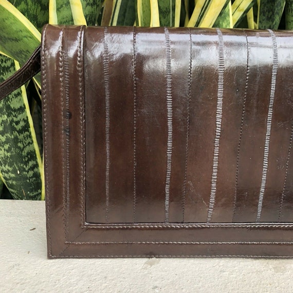 Vintage Brown Leather Eel Snakeskin Purse Envelop… - image 3