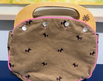 Lilly Pulitzer Bermuda Bag Purse Handbag Dark Wood Handle Scotty Dog Embroidery Reversible 4 Button Brown Tan Corduroy Fabric Cover Vintage