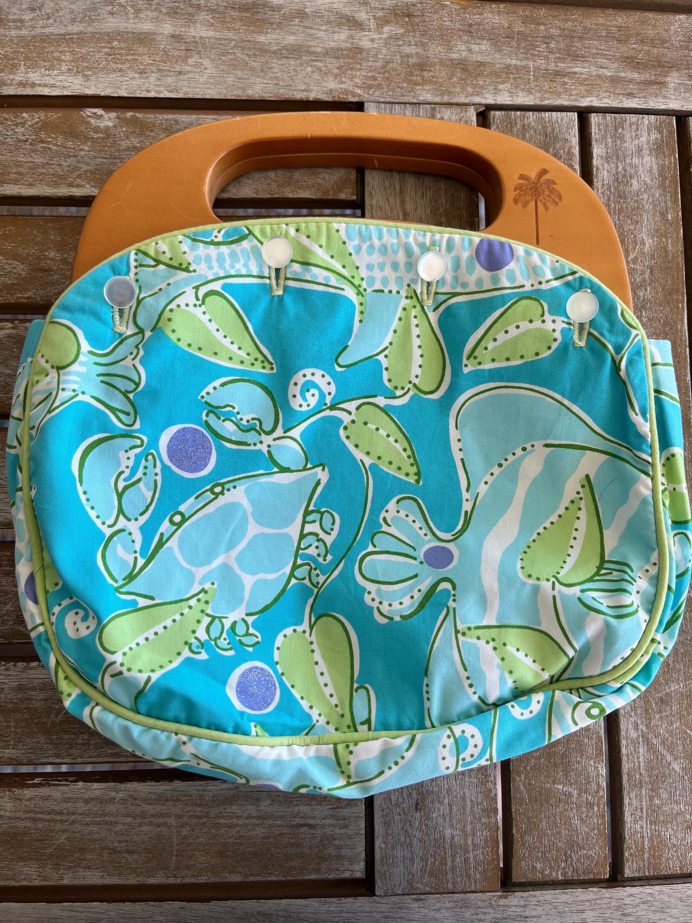Lilly Pulitzer Bermuda Bag Crab Fish Purse Wood Handle Blue Purple