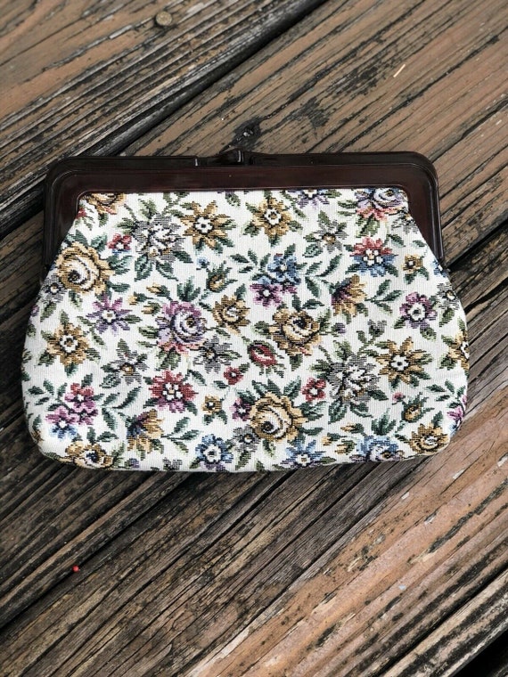 Vintage Cream Floral Tapestry Purse Handbag Bag C… - image 1