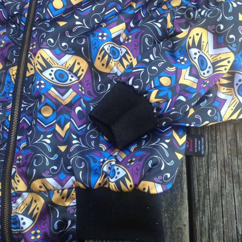 Vintage Satin Bomber Jacket S M Kuccia Revers Eyes Black Zig Zag Floral 80s 90s