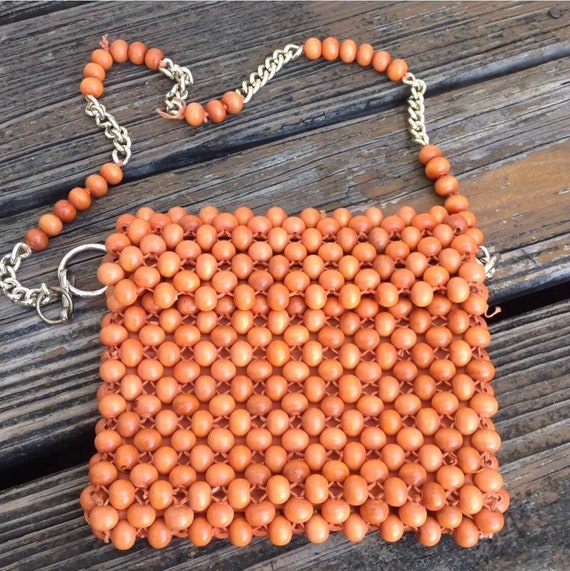 Vintage Orange Wood Beaded Woven Purse Handbag Bag