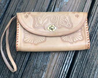 Vintage Tooled Leather Handbag Purse Brown Tan Bag Wristlet Clutch 70s 80s Vtg 1970s 1980s