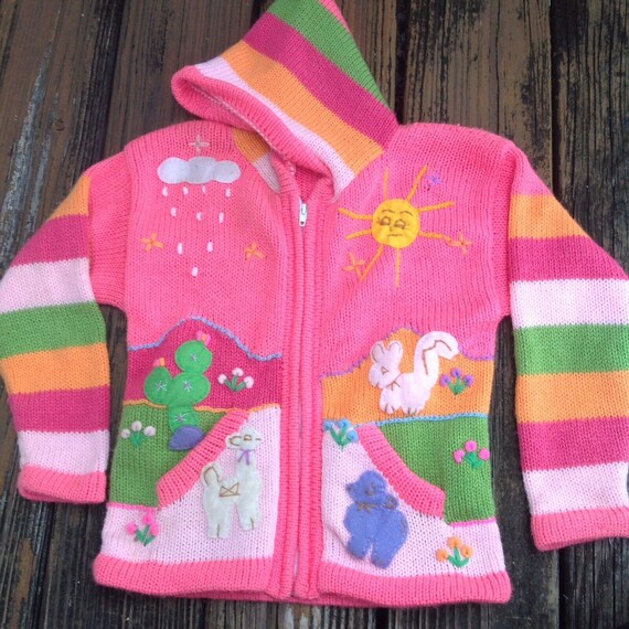Vintage Handmade Knit Girls Sweater S Pink Green Llama Bunny 