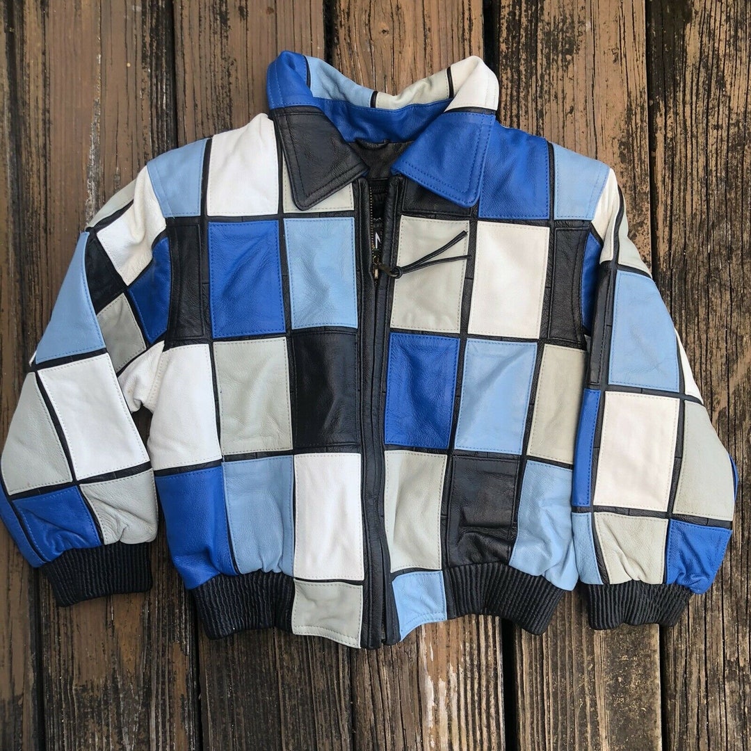 Vtg Shebang USA Kids Leather Jacket Blue Black Sz L 7