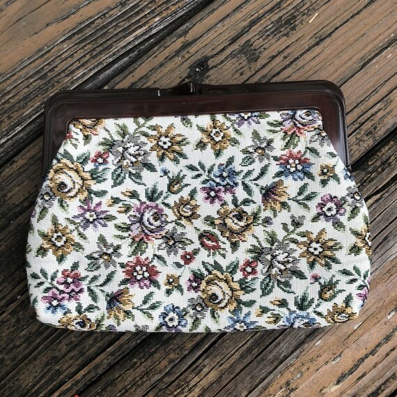 Vintage Cream Floral Tapestry Purse Handbag Bag C… - image 6