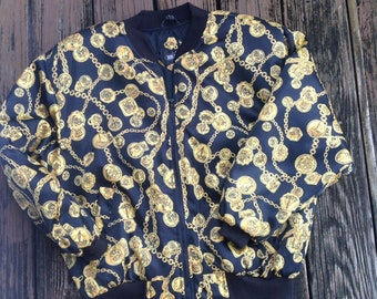 Vintage Braeton Black Satin Bomber Jacket M Medium Gold Jewelry Coins 80s Womens Vtg 1980s Coat