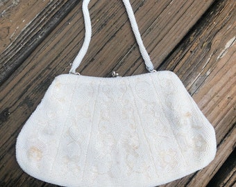 Vintage Cream Floral Beaded Purse Handbag Evening Bag Ivory Clutch Party 50s 60s Vtg Womens 1950s 1960s