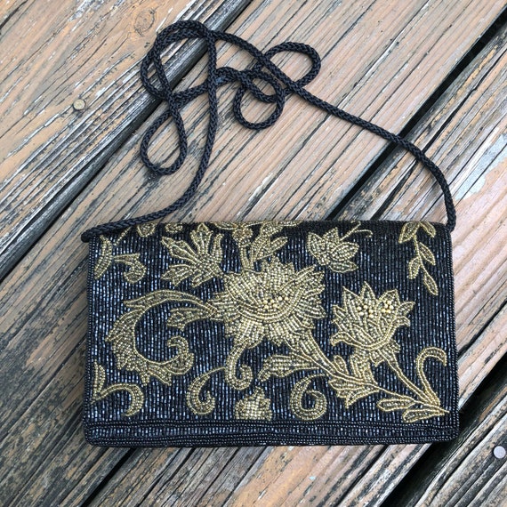 Vintage Saks Fifth Avenue Gold Black Floral Beaded