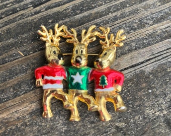 Vtg Reindeer Brooch Deer Ugly Christmas Sweater Enamel Brooch Red Green Gold Pin Vintage Holiday Jewelry Xmas