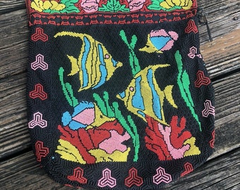 Vintage Corde Beaded Bag Drawstring Satchel Fish Ocean Black Red Green Yellow