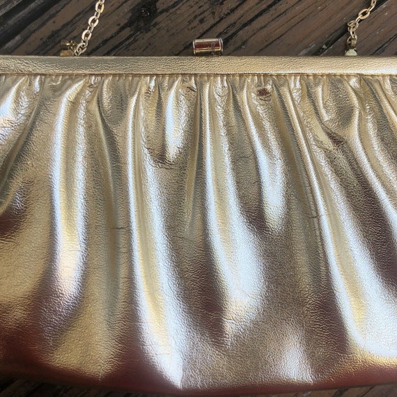 Vintage Gold Lamé Leather Clutch Purse Evening Ba… - image 7