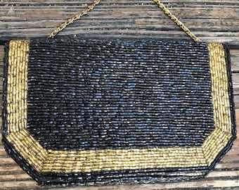 Vintage Black Gold Beaded Purse Evening Bag Clutch Vtg 70s 80s 1970s 1980s