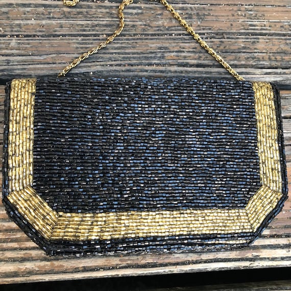 Vintage Black Gold Beaded Purse Evening Bag Clutch