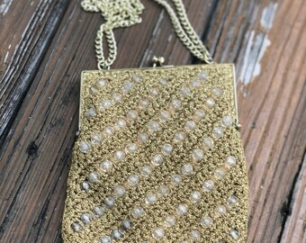 Vintage Magid Gold Straw Wicker Woven Clear Ball Beaded Purse Handbag Bag 50s 60s Japan Vtg 1950s 1960s