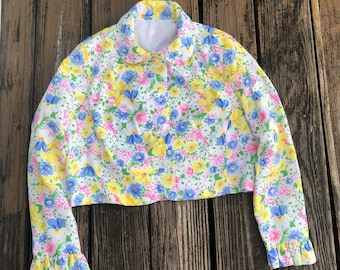 Vtg Floral Blazer Cropped Jacket M L Blue Pink Green Floral Cuff Womens 70s 80s