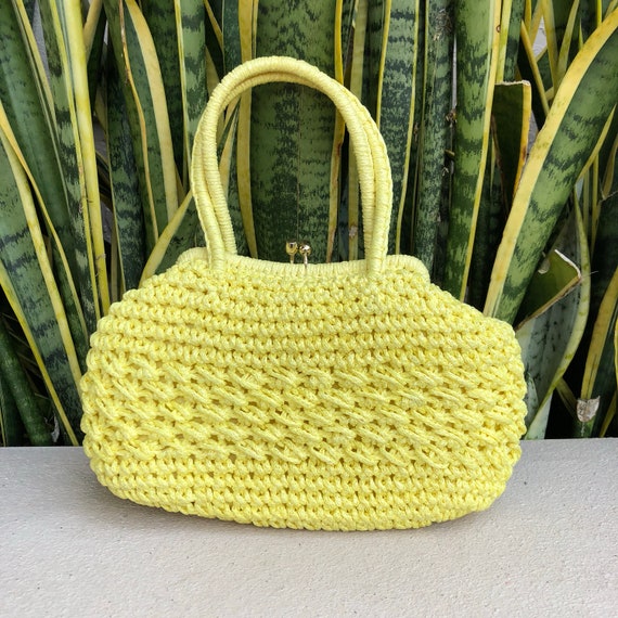Vintage Yellow Straw Wicker Purse Handbag Bag 50s
