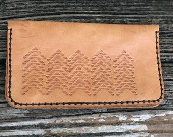 Vintage Tooled Leather Wallet Brown Passport Holder Billfold Zig Zag 70s 80s