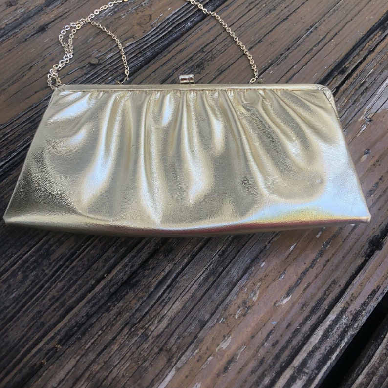 Vintage Gold Lamé Leather Clutch Purse Evening Bag Metallic Lame 70s 80s Vtg Womens 1970s 1980s image 5