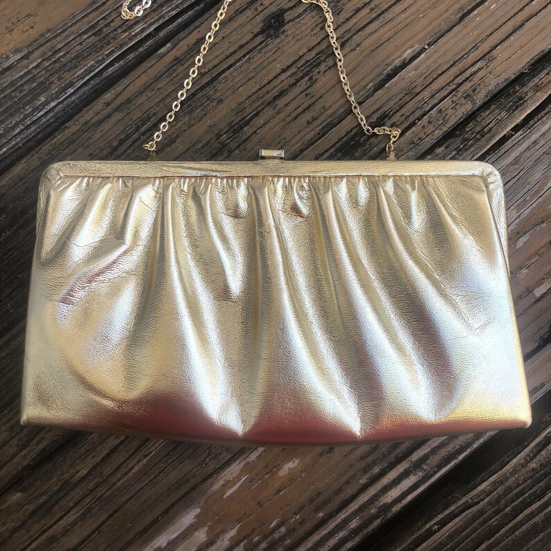 Vintage Gold Lamé Leather Clutch Purse Evening Bag Metallic Lame 70s 80s Vtg Womens 1970s 1980s image 8