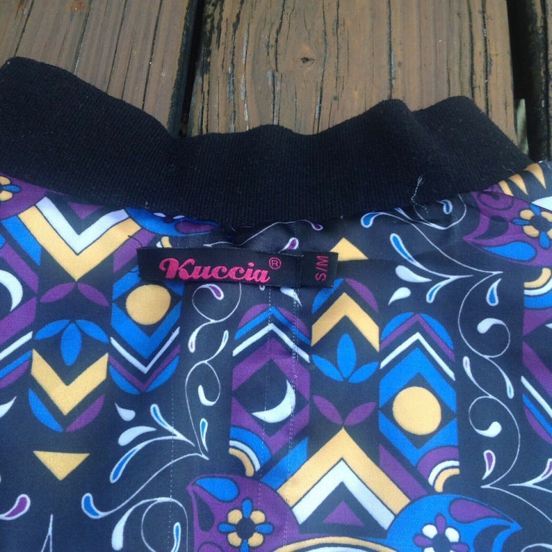 Vintage Satin Bomber Jacket S M Kuccia Revers Eyes Black Zig Zag Floral 80s 90s