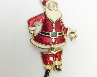 Vintage Red Santa Claus Jointed Movable Christmas Enamel Brooch Gold Pin White Black Vtg Holiday Jewelry Xmas